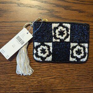 Anthropologie Beaded Floral Check Coin Purse